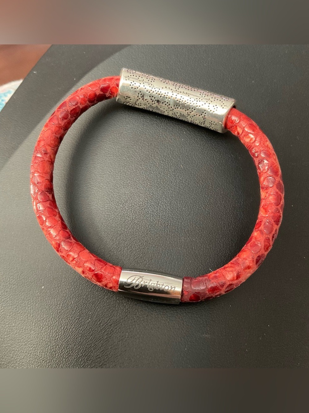 Brighton Red Snake Embossed Leather XOXO Tube Charm Bracelet Magnetic Clasp 2628 - Picture 4 of 4